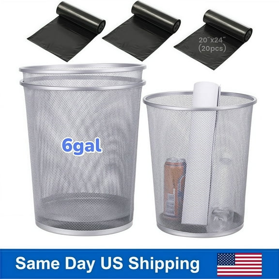 3 Pack Silver Metal Mesh Trash Cans, 6 Gallon Small Size Wastebaskets Bulk Pack for Office Building & Home Use with 60 Trash Bags