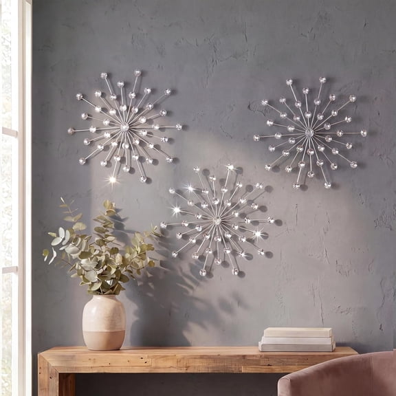 3 Pack Silver Sunburst Wall Decor  Metal Crystal Wall Art with Sparkling Rhinestones, 14/18 Inch Starburst Wall Hanging Set for Living Room Bedroom Bathroom  Modern Bling Home Decorations