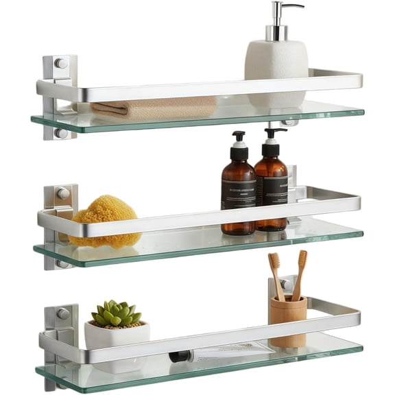 3-Pack Silver Tempered Glass Floating Bathroom Shelf with Aluminum Frame, 15.7 Inch Rectangular Wall Mount