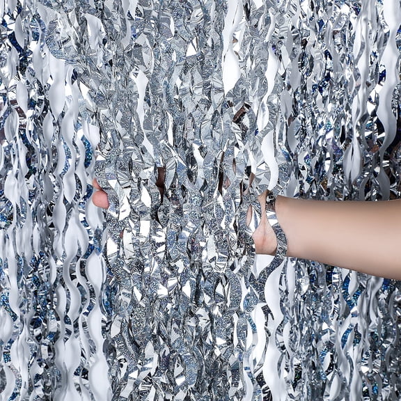 3 Pack Silver Wavy Tinsel Foil Fringe Curtains, 3.3ft x 6.6ft Metallic Photo Booth Backdrop Streamers for Birthday Wedding Graduation Party Decorations
