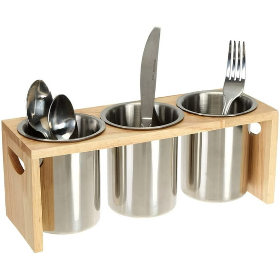 3 Pack Silverware Holder, Stainless Steel Utensil Organizer with Wood Base, Flatware Caddy for Spoons, Knives and Forks, Great for Kitchen Table, Cabinet, Pantry