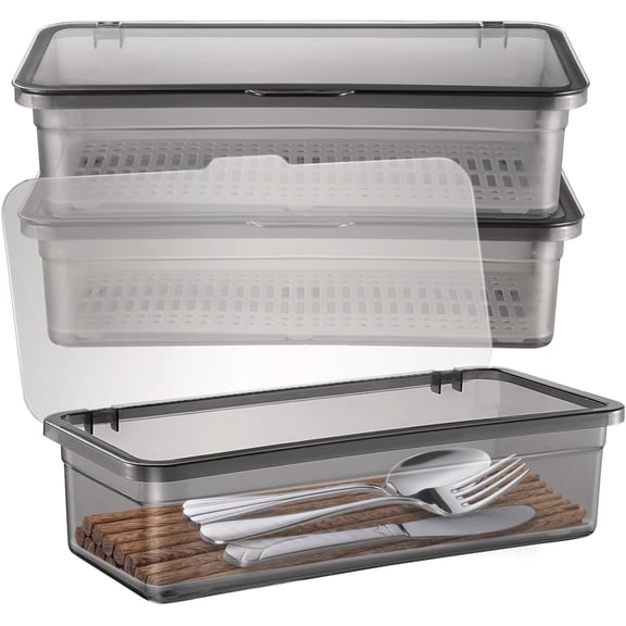 3 Pack Silverware Organizer with Lid, Cutlery Tray Utensil Holder for Kitchen Drawer, Dustproof Flatware Storage Box with Drainer for RV Camping, Black