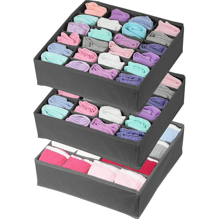 3 Pack - Simple Houseware Socks Underwear Drawer Organizer (24+24+16  cells), Dark Grey 