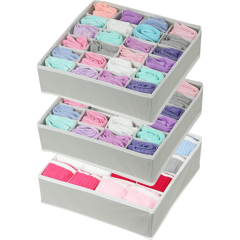 3 Pack - Simple Houseware Socks Underwear Drawer Organizer (24+24+16  cells), Grey 