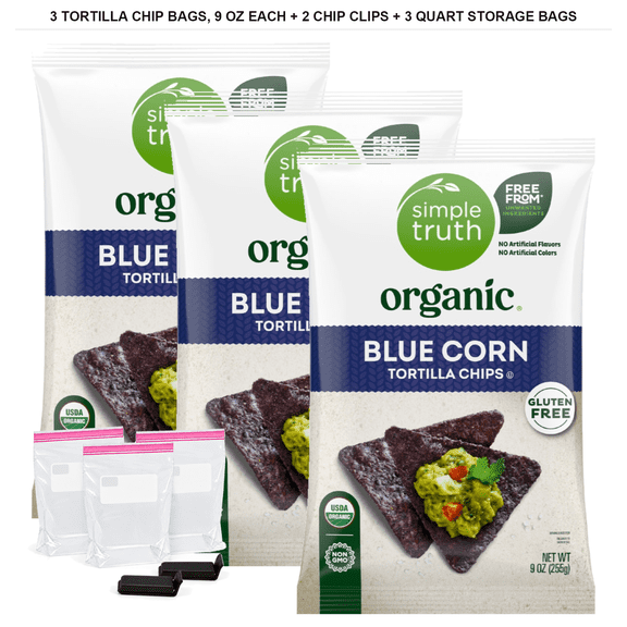 3 Pack | Simple Truth Blue Corn Tortilla Chips, 9 oz Each with 2 Reusable Chip Clips and 3 Quart Resealable Food Storage Bags