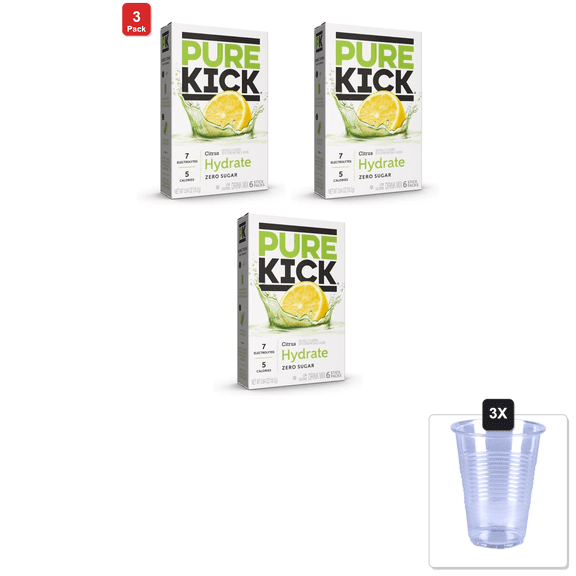 3 Pack | Singles To Go! Pure Kick Hydration Singles To Go Drink Mix Citrus, 6 Boxes With 6 Packets Each - 36 Total Servings & 3x 16oz Plastic Cup with Strawless Sip-Lid