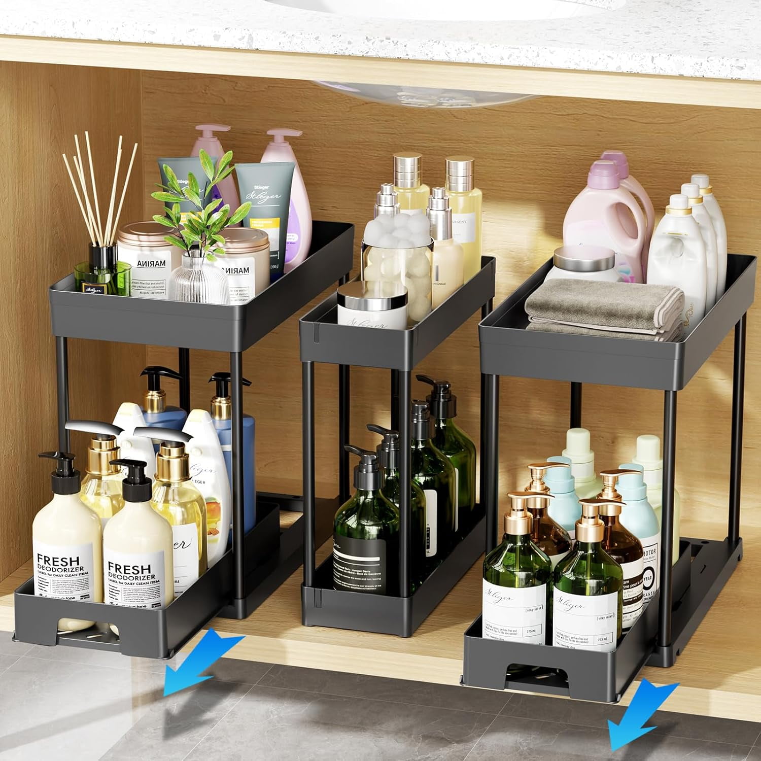 3 Pack Under Sink Organizers and Storage, 2 Tier Black Bathroom Cabinet ...
