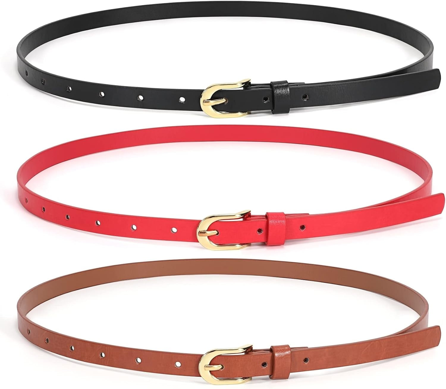 3 Pack Skinny Leather Chic Belt for Women, PU Leather Thin  display picture 1