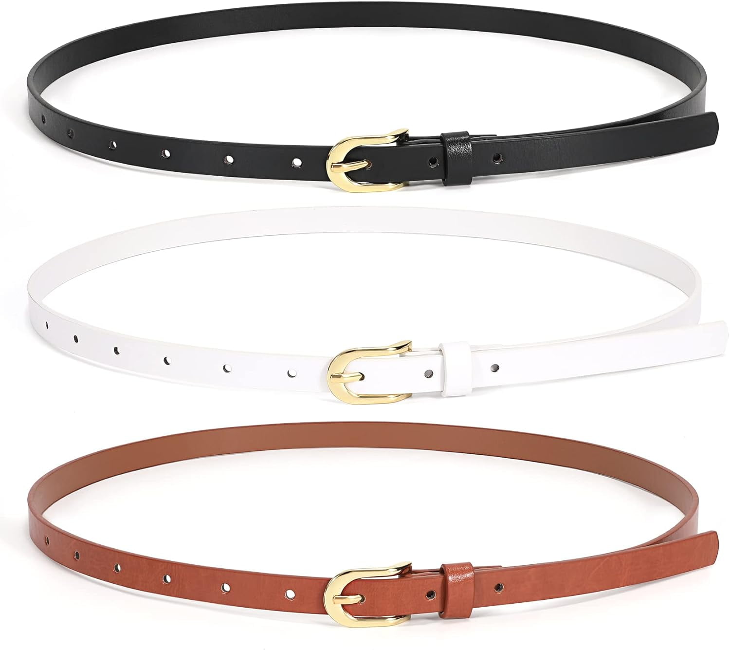 Thin Leather Skinny Belts Set Gold Buckle Elegant Minimal Chic Waist Accent 2 Pack Women Skinny Belt Thin Waist Belt with Fashion Gold  main image 4