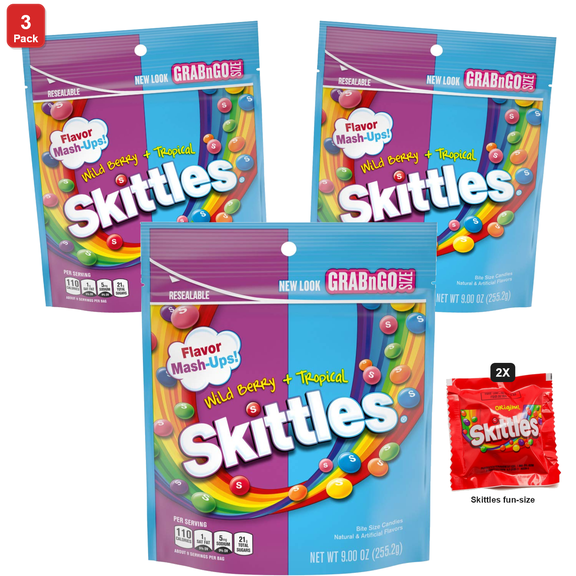 3 Pack | Skittles Mash-Ups Wild Berry and Tropical Candy, 9 oz Bag, with 2 Skittles Fun Size