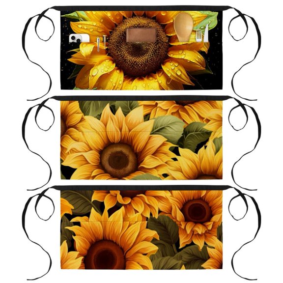3 Pack Skull Sunflower Server Waist Aprons, Waitress Kitchen Restaurant Half Apron for Men Women with 3 Pockets