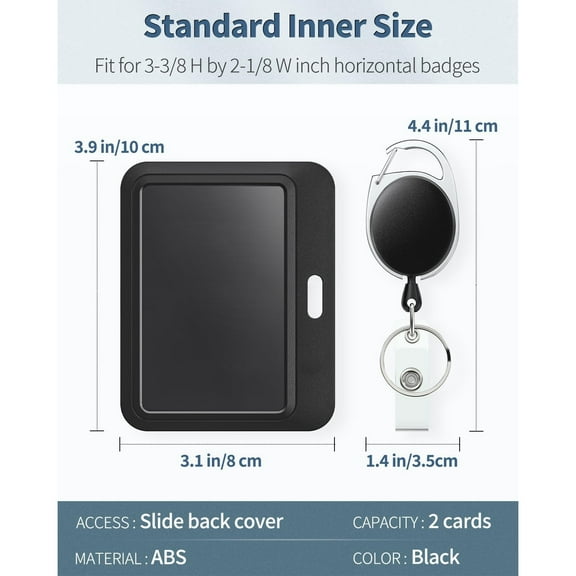 3 Pack Sliding Badge Holder Hard Black Horizontal Plastic Card Case Protector with Retractable Badge Reel Carabiner for Office School ID Credit Proximity Key Card Driver’s License and Pass
