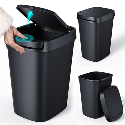 3 Pack Slim Bathroom Trash Can, 10L/2.6 Gal with Press Top and Pop-up Lid, Plastic Wastebasket for Toilet, Office, Bedroom (Black)