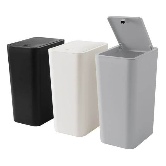 3 Pack Slim Plastic Trash Can, 2.6 Gallon Garbage Can with Press Top Lid, 10L Modern Waste Basket for Bathroom, Black White Gray
