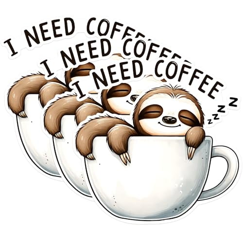 (3 Pack) Sloth Coffee Decals - I Need Coffee Sticker - Cute Animal Decal - 3 Inches On Longest Side - Easy Peel & Apply - Made in USA - 3MCS1559