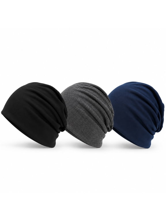 3 Pack Slouchy Beanie Hats for Men Women, Stretch Lightweight Skull Cap, Soft Casual Hat Set Black Dark Gray Navy