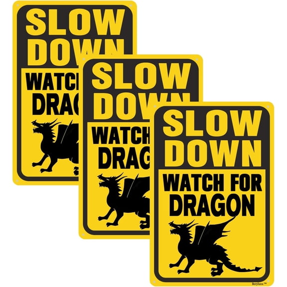 3 Pack Slow Down Dragon Sign,Dragon Crossing Sign, Outdoor Warning Signs, "Watch For Dragon "8"x12" Aluminum Sign
