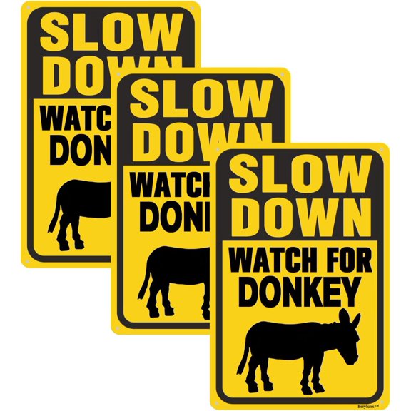 3 Pack Slow Down Sign,Please Slow Down Sign, Outdoor Warning Signs, "Watch For Donkey "8"x12" Aluminum Sign
