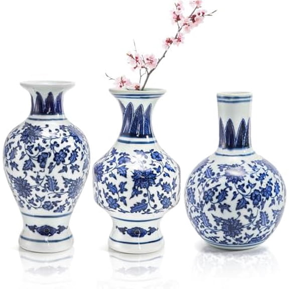 3 Pack Small Blue And White Porcelain Vases, 5.5 Inch Tall Vintage Vases, Classic Decorative Bud Vase, Chinoiserie Ceramic Vase Home Decor, Office, Party Decoration And Events