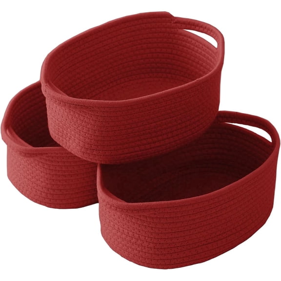 Woven Rope Basket with Handles 12 x 8 x 5 inch Small Storage Bin for Shelves Closets Gift Red 3 pack