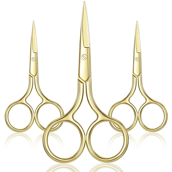 WSNIJFU 3 Pack Small Nose Scissors Facial Hair Scissors Mini Beauty Scissors Stainless Steel Trimming Pointed Scissor for Grooming Eyebrows, Nose, Mustache, Beard (Gold)