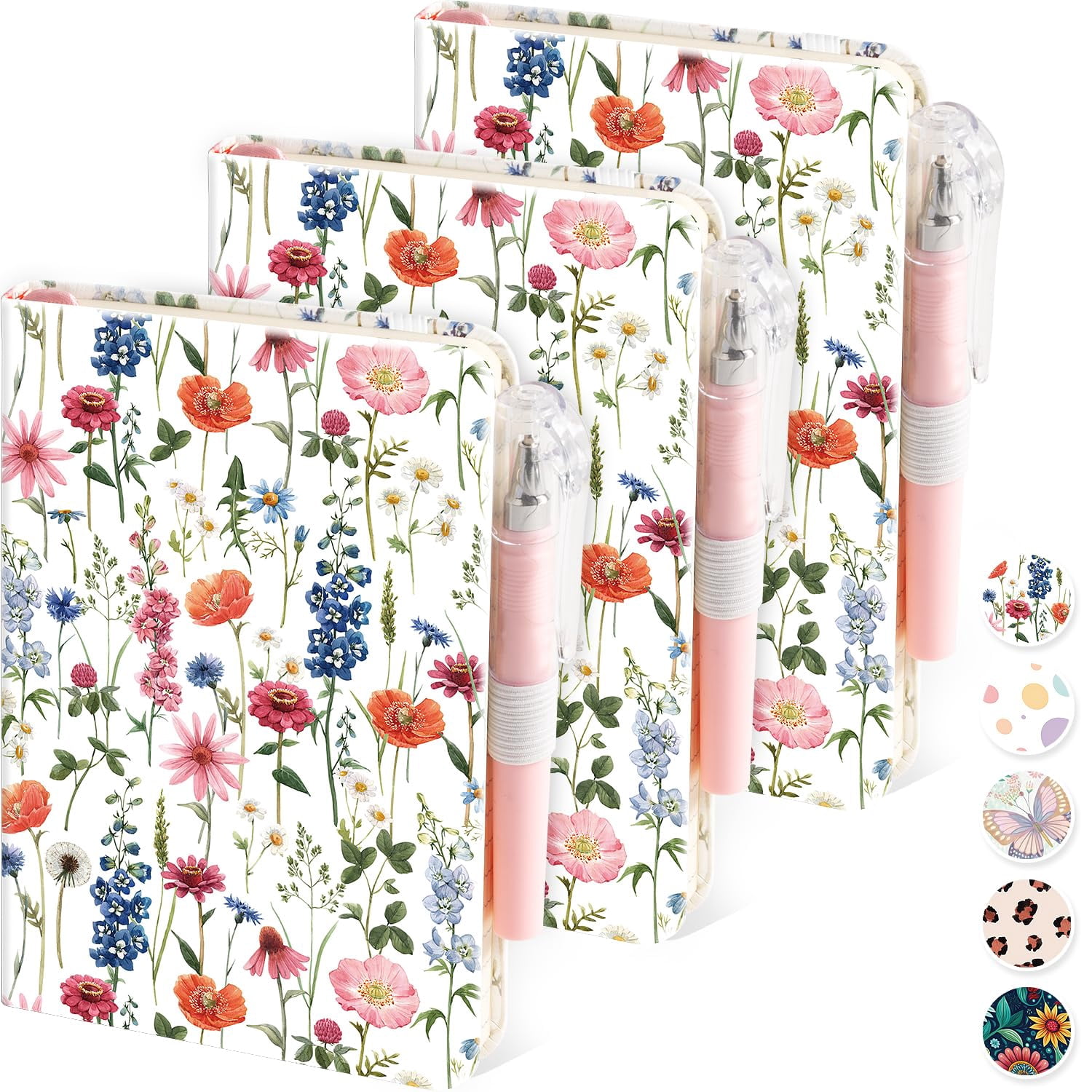 (3 Pack) Small Notebook Pocket Journal For Women  A6 (3.7" X 5.7") With Pen Aesthetic Floral Leather Cover 100gsm Thick Paper