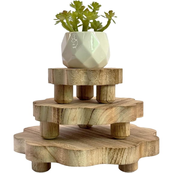 3 Pack Small Scalloped Wood Risers for Display ,Mini Wooden Stands with Removable Feet Farmhouse Rustic Decor for Table Tiered Trays Home Kitchen Decoration (Light Brown, 7.87/5.9/4 Inch)