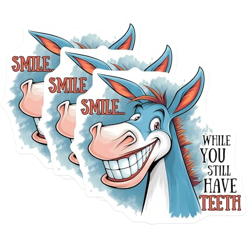 (3 Pack) Smile While You Still Have Teeth Decals - Funny Donkey Stickers - Laptop Decal - 3 Inches On Longest Side - Easy Peel & Apply - Made in USA - 3MCS2106