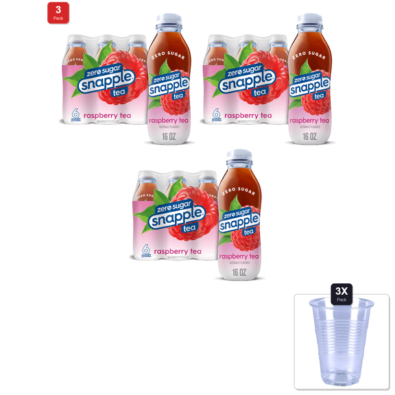 3 Pack | Snapple Zero Sugar Raspberry Tea, 16 Fl Oz Recycled Plastic Bottle, 6 Pack & 3x Disposable Cup