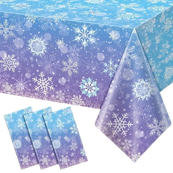 3 Pack Snowflake Winter Tablecloth Plastic Decor, Blue Purple Gradient Disposable Table Cover for Christmas New Year Party Supplies, 54x108 inch, blue