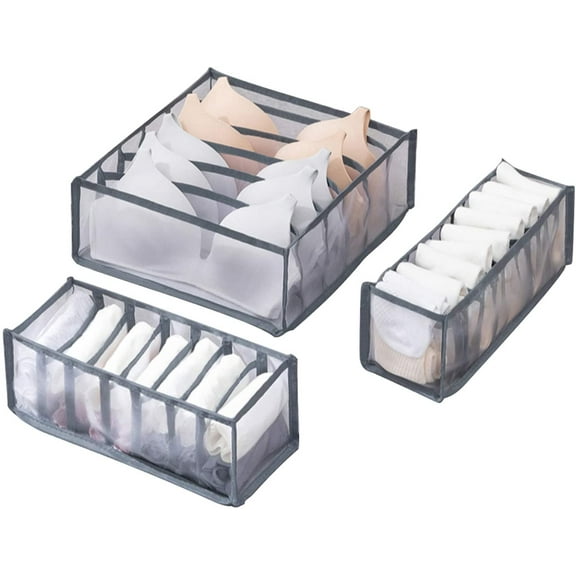 3 Pack Sock & Bra Drawer Organizer, Foldable Clothes Drawer Organizer, Drawer Organizers for Clothing, Dresser Drawer Organizers for Scarves, Clothes, Stockings(Gray, 6 Grid 7 Grid 11 Grid)