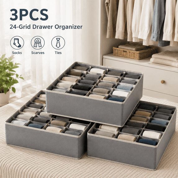 3 Pack Sock Underwear Drawer Organizer Dividers, 24Cell Fabric Foldable Dresser Organizer for Closet Organizers and Storage Boxes for Organizing Socks, Underwear, Ties
