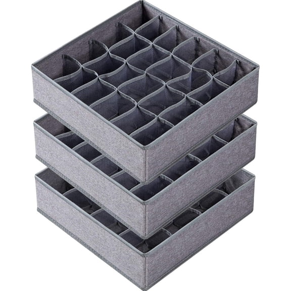 3 Pack Sock Underwear Drawer Organizer Dividers, 64 Cell Fabric Foldable Dresser Organizer for Closet Organizers and Storage Boxes for Organizing Socks, Underwear, Ties (16+24+24 Cell, Gray)