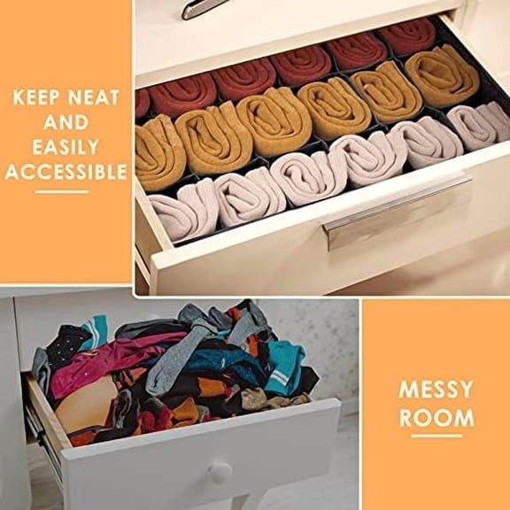 3 Pack Sock Underwear Organizer Dividers, 64 Cell Fabric Foldable Cabinet Closet Organizers and Storage Boxes for Storing Socks, Underwear, Ties (16+24+24 Cell, Black)