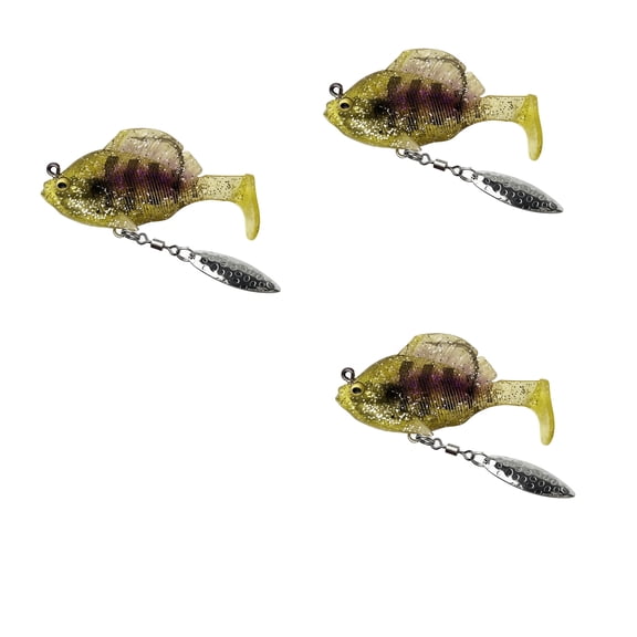3-Pack Soft Fishing Lure T-Tail Weighted Hollow Body,3rd Gen Long Casting Snag-Resistant Swimbait,Lead Core Glitter Blade for Bass Trout Freshwater Dark Yellow