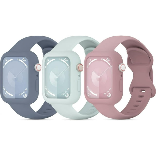 3 Pack Soft Silicone Bands with Bumper Case Compatible with Apple Watch