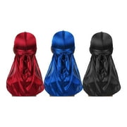 3 Pack Soft Silky Durag Headbands with Long Tail for Men Biker Headwear with Beanie Hat