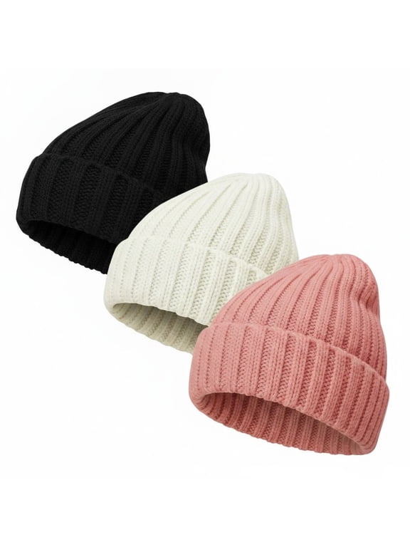 3 Pack Soft Warm Slouchy Knit Beanie for Women, Winter Ski Stocking Cuffed Cap