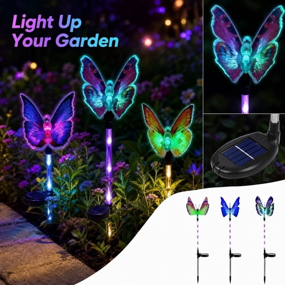 3-Pack Solar Butterfly Lights, 15.7x5.9 Inch Fiber Optic Multi-Color LED Garden Stakes for Lawn Pathway