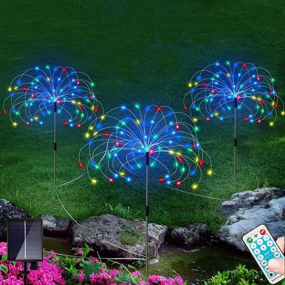3 Pack Solar Firework Lights Outdoor, 360 LED Waterproof Starburst Stake Lights with Remote Control, 8 Modes DIY Solar Garden Decorative Lights for Pathway, Yard, Patio, Christmas (Multicolor)