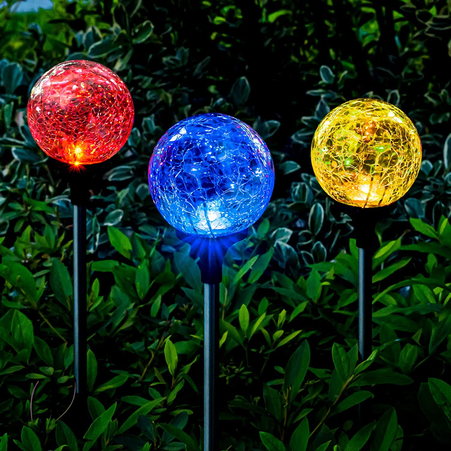 3 Pack Solar Garden Globe Lights Color Changing Cracked Glass Ball Waterproof Outdoor