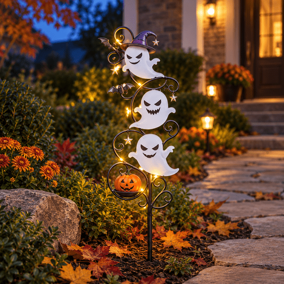 3 Pack Solar Halloween Ghost Garden Stake Lights, Metal Glowing Ghost Yard Decor, IP65 Waterproof Outdoor Pathway Lights with Pumpkin Star Ornament for Patio Lawn Halloween Decorations