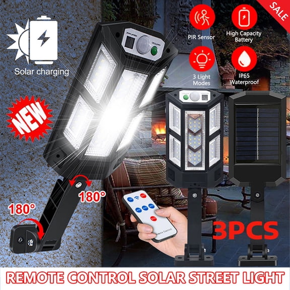 3 Pack Solar Outdoor LED Street Light with Motion Sensor & Remote Control, IP65 Waterproof 3 Modes Security Flood Light, 180 Adjustable Mount Bracket for Yard Garage Driveway Patio Garden