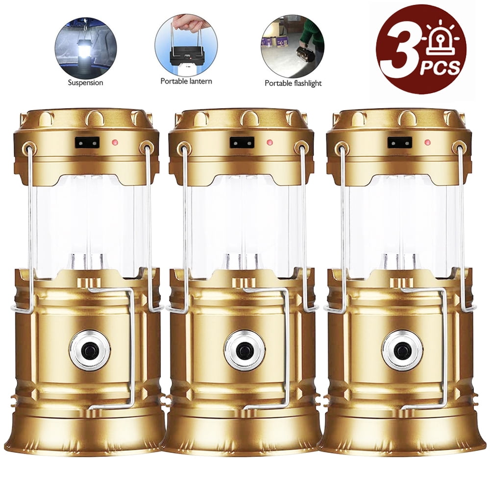 3 Pack Solar USB Rechargeable Brightest COB LED Camping Lantern , Charging for Android, Waterproof Collapsible Emergency LED Light - Black