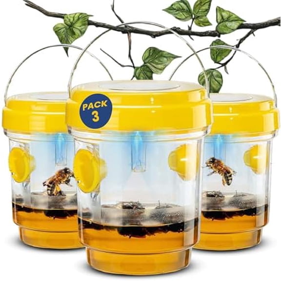 3-Pack Solar Wasp Traps Outdoor Hanging  Reusable Bee, Hornet & Yellow Jacket Catchers with LED Light  Solar Powered Insect Traps for Garden, , Porch, Backyard