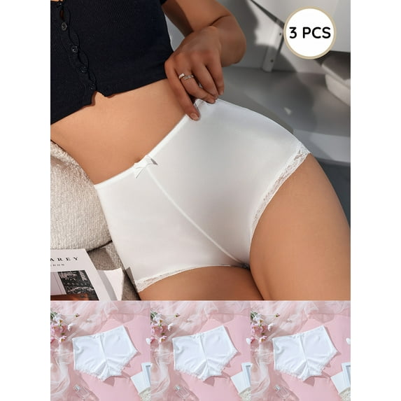 3 Pack Solid White Bow Stain Women's Panties Sexy Lace Trim Boyshorts Mid Rise Stretchy Briefs