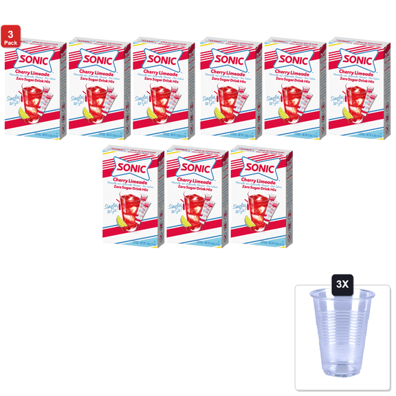 3 Pack | "Sonic Cherry Limeade Singles To Go Powdered Drink Mix - 18 Sticks Total - Convenient And Refreshing On-The-Go Beverage!" & 3x 16oz Plastic Cup with Strawless Sip-Lid