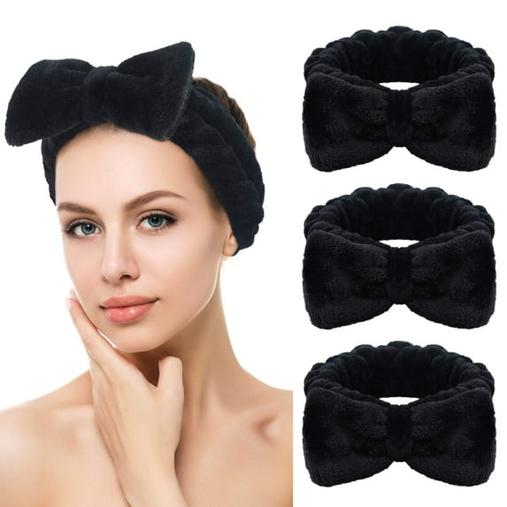 3 Pack Spa Headband, TRIANU Facial Makeup Bow Head Band for Women Girls Washing Face Skincare Shower Fluffy Towel Headbands, Soft Microfiber Coral Fleece Face Mask Hair Band, Black