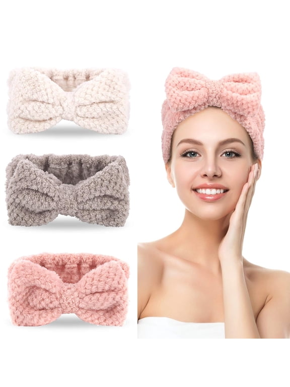 3 Pack Spa Headbands Microfiber Bowtie Headbands for Women for Washing Face, White, Gray