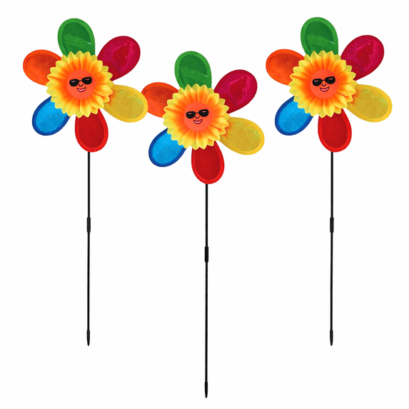 3 Pack 27" Colorful Garden Pinwheels – Outdoor Lawn Wind Spinners with Sunflower Face, Yard Stakes for Planters, Flower Pots & Spring Decorations